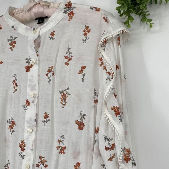 Ann Taylor Floral Feminine Blouse Semi-Sheer Linen Blend Ruffle Sleeve White XL - Picture 3 of 16